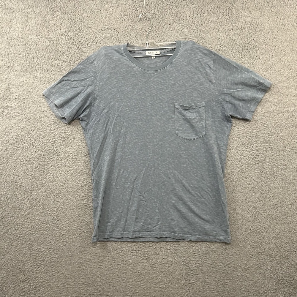 Gustin Shirt Mens Large Gray Blue Short Sleeve Crew Neck Pocket Tee Cotton Adult